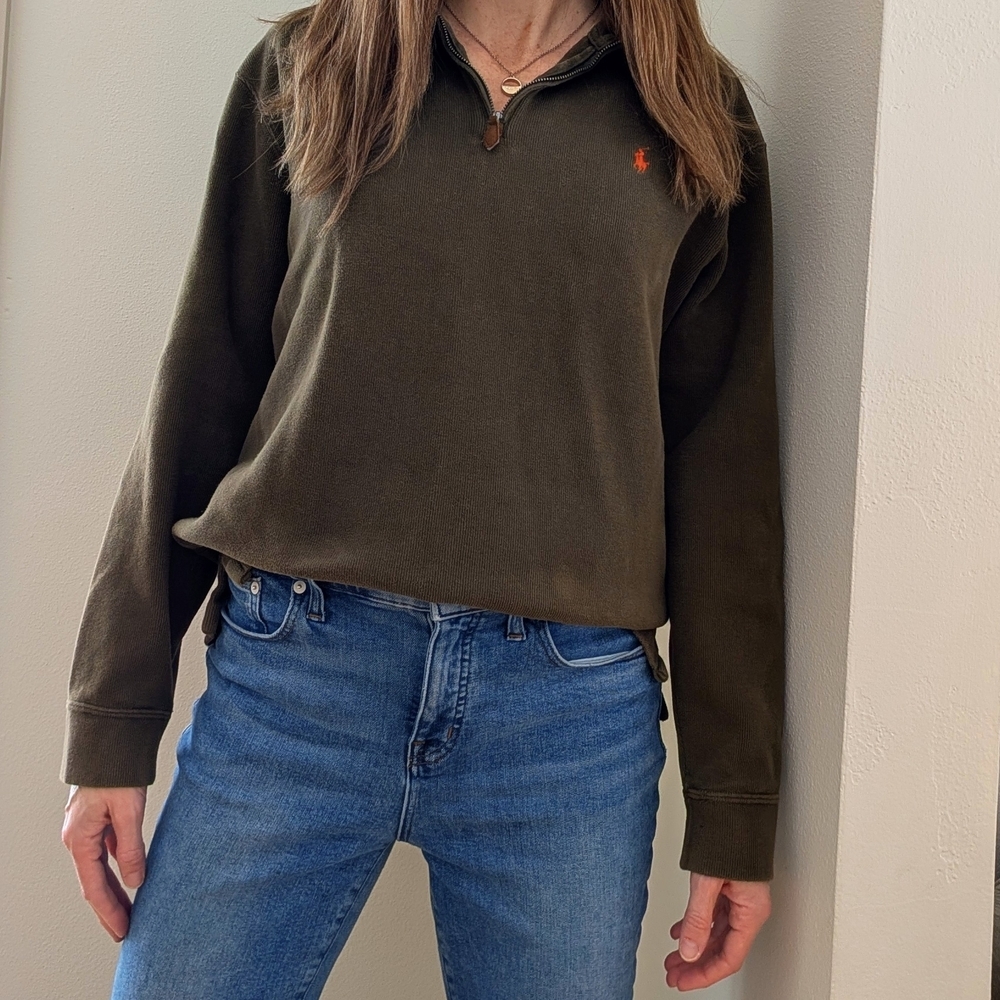 Vintage Polo Ralph Lauren Embroidered Logo Quarter Zip Henley In Olive Green - Picture 1 of 6